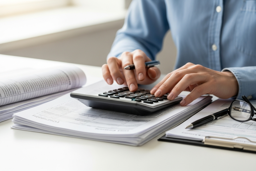 Responsabilidad civil del asesor fiscal: límites, daños indemnizables y criterios jurisprudenciales 2 Asesor fiscal revisando documentos con calculadora: responsabilidad civil profesional por errores en el asesoramiento tributario