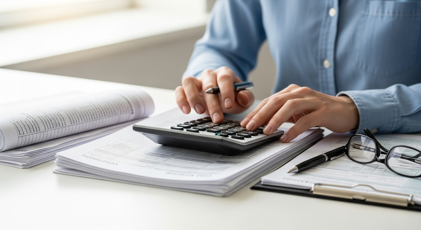 Asesor fiscal revisando documentos con calculadora: responsabilidad civil profesional por errores en el asesoramiento tributario